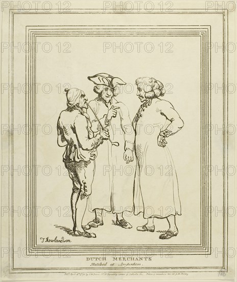 Dutch Merchants Sketched at Amsterdam, published April 4, 1796, Thomas Rowlandson (English, 1756-1827), published by S.W. Fores (English, 1761-1838), England, Hand-colored etching on ivory wove paper, 200 × 245 mm