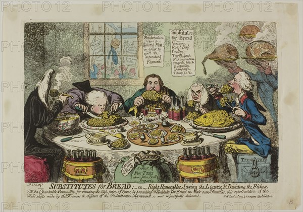 Substitutes for Bread, published December 24, 1795, James Gillray (English, 1756-1815), published by Hannah Humphrey (English, c. 1745-1818), England, Etching in dark brown, with handcoloring, on cream wove paper, 217 × 340 mm (image), 247 × 350 mm (plate), 270 × 396 mm (sheet)