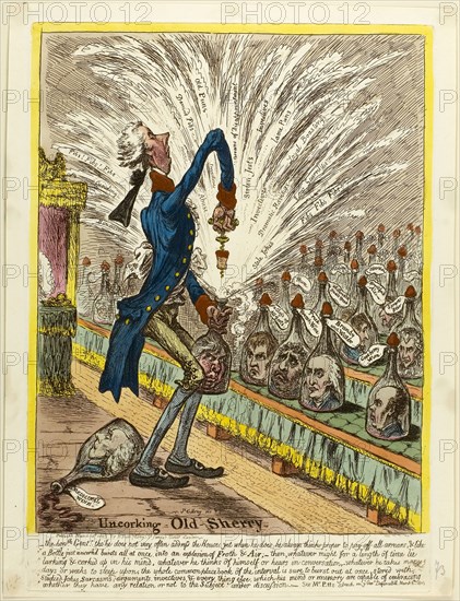 Uncorking Old Sherry, published March 10, 1805, James Gillray (English, 1756-1815), published by Hannah Humphrey (English, c. 1745-1818), England, Hand-colored etching on paper, 312 × 240 mm (image), 353 × 251 mm (plate), 368 × 280 mm (sheet)
