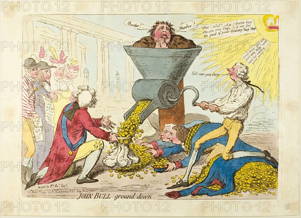 John Bull Ground Down, published June 1, 1795, James Gillray (English, 1756-1815), published by Hannah Humphrey (English, c. 1745-1818), England, Etching in dark brown, with handcoloring, on cream wove paper, 244 × 340 mm (image), 248 × 346 mm (plate), 285 × 397 mm (sheet)