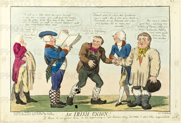 An Irish Union!, published January 30, 1799, Isaac Cruikshank (English, 1764-1811), published by S.W. Fores (English, 1761-1838), England, Hand-colored etching on paper, 223 × 336 mm (image), 255 × 360 mm (plate), 255 × 375 mm (sheet)
