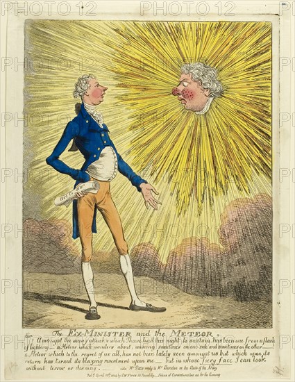 The Ex-Minister and the Meteor, published April 13, 1804, Charles WIlliams (English, active 1797-1830), published by S. W. Fores (English, active 1785-1825), England, Hand-colored etching on ivory laid paper, 288 × 240 mm (image), 343 × 250 mm (plate), 353 × 267 mm (sheet)