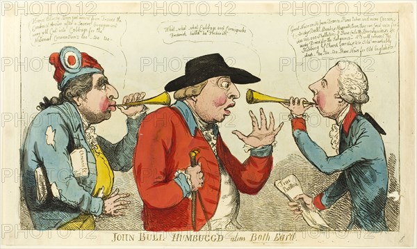 John Bull Humbugg’d Alias both Ear’d, published May 12, 1794, Isaac Cruikshank (English, 1764-1811), published by S.W. Fores (English, 1761-1838), England, Hand-colored etching on ivory paper, 220 × 385 mm (image), 242 × 415 mm (plate), 248 × 418 mm (sheet)