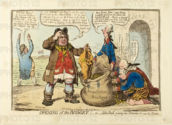 Opening of the Budget, published November 17, 1796, James Gillray (English, 1756-1815), published by Hannah Humphrey (English, c. 1745-1818), England, Etching in dark brown, with handcoloring, on cream wove paper, 249 × 352 mm (image), 253 × 357 mm (plate), 289 × 398 mm (sheet)
