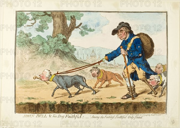 John Bull and His Dog Faithful, published April 20, 1796, James Gillray (English, 1756-1815), published by Hannah Humphrey (English, c. 1745-1818), England, Etching in dark brown, with handcoloring, on cream wove paper, 235 × 348 mm (image), 254 × 358 mm (plate), 287 × 405 mm (sheet)