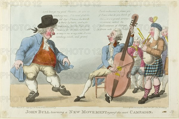 John Bull Learning a New Movement, published March 21, 1799, Unknown Artist (English, late 18th-early 19th centuries), published by S. W. Fores (English, active 1785-1825), England, Hand-colored etching on ivory laid paper, 259 × 391 mm (sheet)