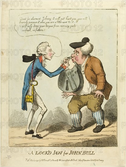 A Lock’d Jaw for John Bull, published November 23, 1795, Unknown Artist (English, late 18th-early 19th centuries), published by S. W. Fores (English, active 1785-1825), England, Hand-colored etching on paper, 358 × 266 mm