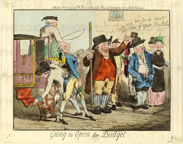 Going to Open the Budget, 1796, Unknown Artist (English, late 18th century), after George Moutard Woodward (English, c. 1760-1809), published by S.W. Fores (English, 1761-1838), England, Etching in black, with hand-colored additions, on cream wove paper, 270 × 335 mm