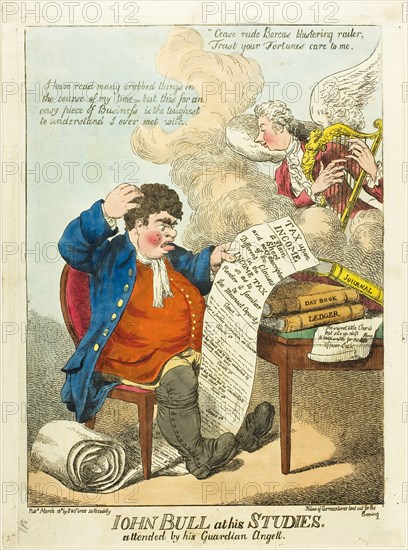 John Bull at His Studies, published March 13, 1799, Unknown Artist (English, late 18th-early 19th centuries), published by S. W. Fores (English, active 1785-1825), England, Hand-colored etching on ivory laid paper, 365 × 270 mm