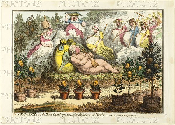 The Orangerie, published September 16, 1796, James Gillray (English, 1756-1815), published by Hannah Humphrey (English, c. 1745-1818), England, Etching in dark brown, with handcoloring, on cream wove paper, 247 × 351 mm (image), 256 × 356 mm (plate), 290 × 405 mm (sheet)