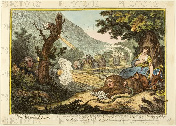 The Wounded Lion, published July 16, 1805, James Gillray (English, 1756-1815), published by Hannah Humphrey (English, c. 1745-1818), England, Hand-colored etching on paper, 243 × 356 mm (image), 260 × 358 mm (plate), 283 × 390 mm (sheet)