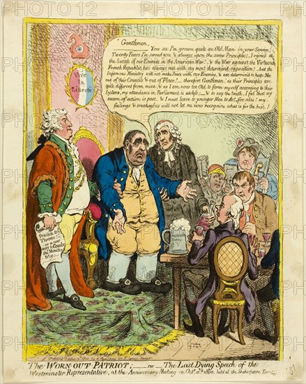 The Worn-out Patriot, published October 13, 1800, James Gillray (English, 1756-1815), published by Hannah Humphrey (English, c. 1745-1818), England, Hand-colored etching on paper, 325 × 245 mm (image), 350 × 250 mm (plate), 365 × 288 mm (sheet)