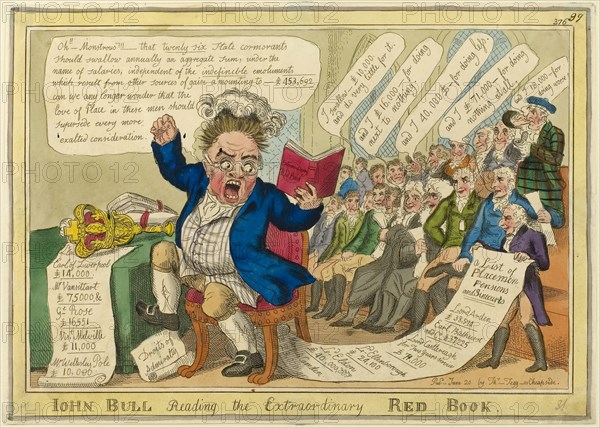 John Bull Reading the Extraordinary Red Book, published June 20, 1816, William Elmes (English, active 1804-1816), published by Thomas Tegg (English, 1776-1845), England, Hand-colored etching on ivory wove paper, 249 × 350 mm (image), 254 × 355 mm (sheet, trimmed within platemark)