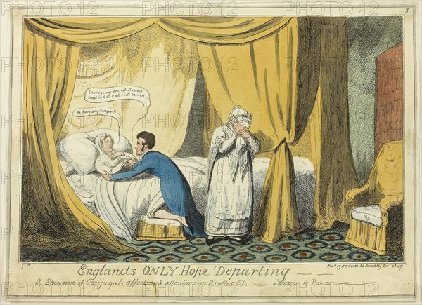 England’s Only Hope Departing, published December 2, 1817, George Cruikshank (English, 1792-1878), published by S.W. Fores (English, 1761-1838), England, Hand-colored etching on ivory laid paper, 265 × 370 mm (image), 275 × 380 mm (sheet cut to plate mark)