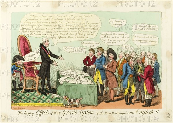 The Happy Effects of that Grand System of Shutting Ports Against the English!!, published October 1, 1808, Isaac Cruikshank, English, 1764-1811, England, Hand-colored etching on paper, 215 × 330 mm (image), 248 × 351 mm (plate), 265 × 375 mm (sheet)