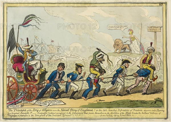 The Triumph of the Dey of Algiers Over the Naval Glory of England!!, published July 1816, George Cruikshank (English, 1792-1878), published by J. Sidebotham (English, active 1802-1820), England, Hand-colored etching on paper, 242 × 345 mm (image), 248 × 351 mm (plate), 255 × 357 mm (sheet)