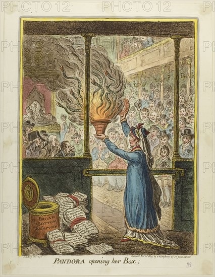 Pandora Opening her Box, published February 22, 1809, James Gillray (English, 1756-1815), published by Hannah Humphrey (English, c. 1745-1818), England, Hand-colored etching on paper, 338 × 251 mm (image), 360 × 262 mm (plate), 385 × 300 mm (sheet)