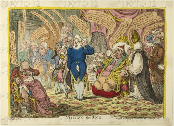 Visiting the Sick, published July 28, 1806, James Gillray (English, 1756-1815), published by Hannah Humphrey (English, c. 1745-1818), England, Hand-colored etching, slightly aquatinted on paper, 253 × 352 mm (image), 265 × 363 mm (plate), 287 × 390 mm (sheet)