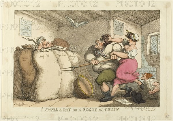 I Smell a Rat or a Rogue in Grain, published May 16, 1807, Thomas Rowlandson (English, 1756-1827), published by Rudolph Ackermann (English, 1764-1834), England, Hand-colored etching on ivory wove paper, 212 × 322 mm (image), 245 × 350 mm (plate), 260 × 372 mm (sheet)