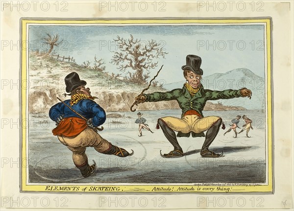 The Elements of Skating: Attitude is Everything, published November 24, 1805, James Gillray (English, 1756-1815), published by Hannah Humphrey (English, c. 1745-1818), England, Hand-colored etching, slightly aquatinted on paper, 240 × 345 mm (image), 250 × 355 mm (plate), 290 × 402 mm (sheet)