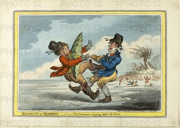 The Elements of Skating: The Consequence of Going Before the Wind, 1805, James Gillray (English, 1756-1815), published by Hannah Humphrey (English, 1745-1818), England, Etching and aquatint in black, with hand-colored additions, on cream wove paper, 230 × 334 mm