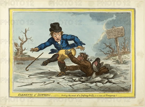 The Elements of Skating: Making the Most of a Passing Friend, published November 24, 1805, James Gillray (English, 1756-1815), published by Hannah Humphrey (English, c. 1745-1818), England, Hand-colored etching, slightly aquatinted on paper, 250 × 354 mm (image), 256 × 360 mm (plate), 296 × 404 mm (sheet)