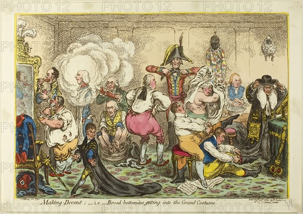 Making Decent, i.e. Broad-Bottomites Getting into the Grand Costume, published February 20, 1806, James Gillray (English, 1756-1815), published by Hannah Humphrey (English, c. 1745-1818), England, Hand-colored etching on cream wove paper, 231 × 342 mm (image), 245 × 350 mm (plate), 275 × 388 mm (sheet)