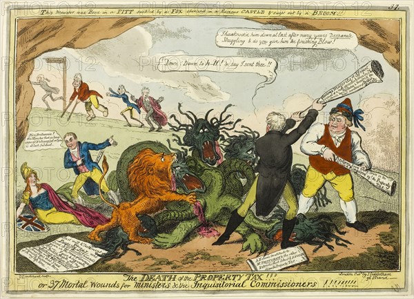 Death of the Property Tax!!, published March 1816, George Cruikshank (English, 1792-1878), published by J. Sidebotham (English, active 1802-1820), England, Hand-colored etching on paper, 245 × 348 mm (image), 252 × 350 mm (plate), 255 × 360 mm (sheet)