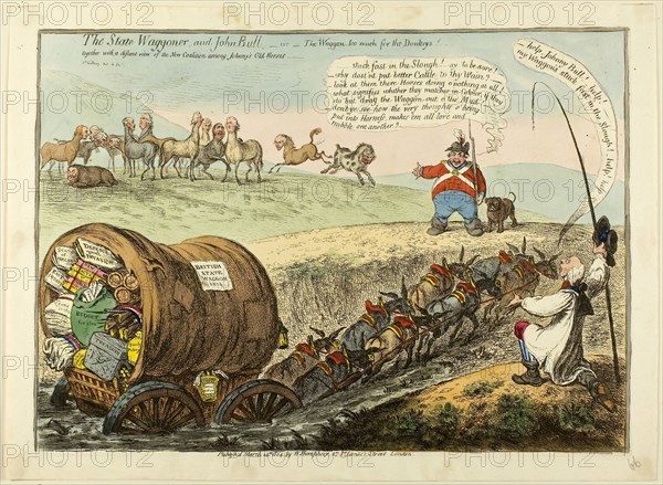 The State Waggoner and John Bull, 1804, James Gillray (British, 1756-1815), published by Hannah Humphrey (English, c. 1745-1818), England, Etching, with hand-coloring, on paper