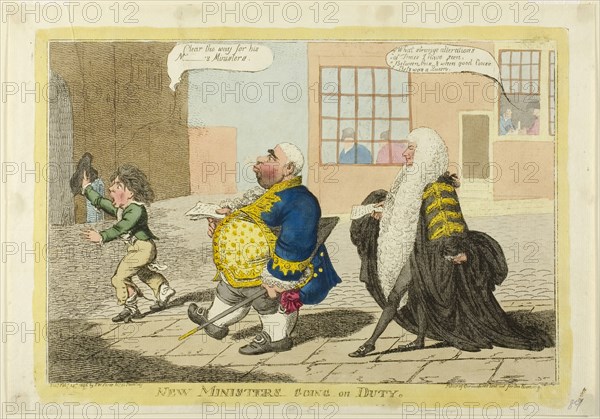 New Ministers Going on Duty, published February 14, 1806, Charles WIlliams (English, active 1797-1830), published by S. W. Fores (English, active 1785-1825), England, Hand-colored etching on ivory laid paper, 335 × 228 mm (image), 245 × 352 mm (plate), 270 × 388 mm (sheet)