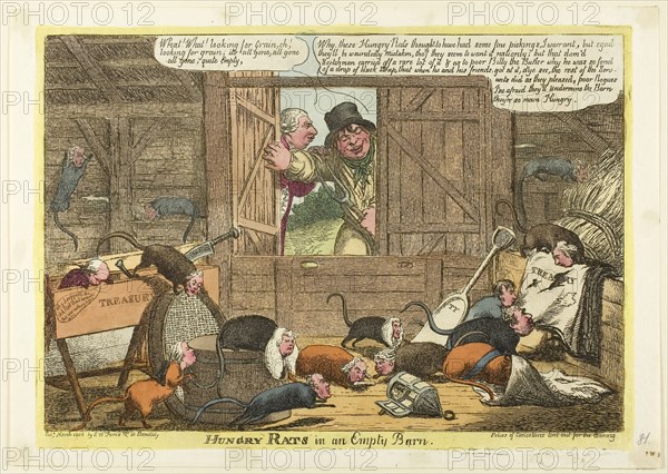 Hungry Rats in an Empty Barn, published March 1806, Charles WIlliams (English, active 1797-1830), published by S. W. Fores (English, active 1785-1825), England, Hand-colored etching on ivory laid paper, ;245 × 342 mm (image) 250 × 352 mm (plate), 273 × 383 mm (sheet)