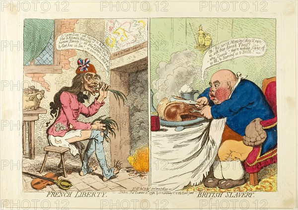 French Liberty, British Slavery, published December 21, 1792, James Gillray (English, 1756-1815), published by Hannah Humphrey (English, c. 1745-1818), England, Etching in dark brown, with handcoloring, on cream wove paper, 235 × 342 mm (image), 249 × 354 mm (plate), 277 × 396 mm (sheet)