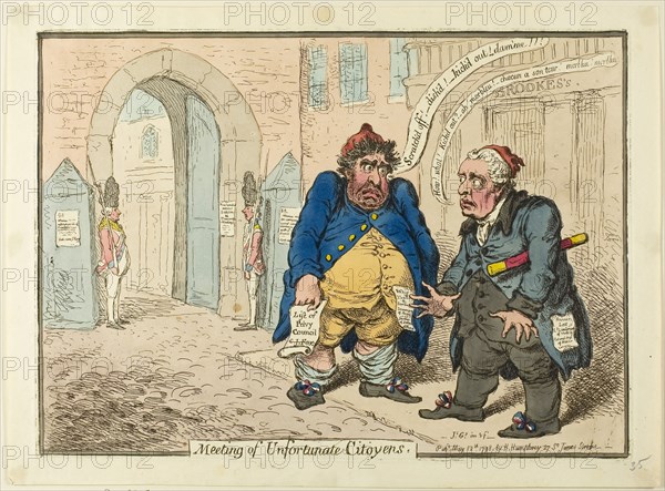 Meeting of Unfortunate Citoyen, published May 12, 1798, James Gillray (English, 1756-1815), published by Hannah Humphrey (English, c. 1745-1818), England, Hand-colored etching on paper, 257 × 355 mm (image), 262 × 360 mm (plate), 290 × 395 mm (sheet)