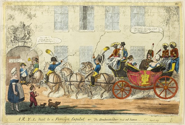 A R-Y-L Visit to a Foreign Capital, published September 15, 1817, George Cruikshank (English, 1792-1878), published by S.W. Fores (English, 1761-1838), England, Hand-colored etching on paper, 265 × 393 mm (image), 272 × 400 mm (sheet cut to plate mark)