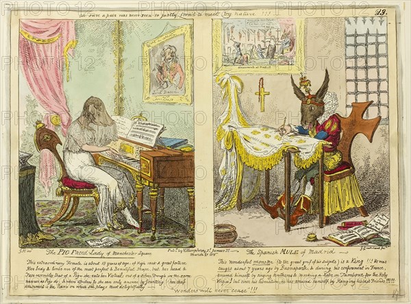 The Pig Faced Lady of Manchester Square and The Spanish Mule of Madrid, published March 21, 1815, George Cruikshank (English, 1792-1878), published by Hannah Humphrey (English, c. 1745-1818), England, Hand-colored etching on paper, 255 × 345 mm (image), 262 × 352 mm (plate), 267 × 355 mm (sheet)
