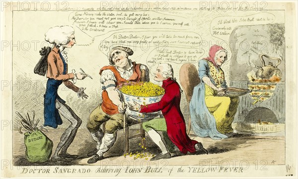Dr. Sangrado Relieving John Bull of Yellow Fever, published February 25, 1795, Isaac Cruikshank (English, 1764-1811), published by S.W. Fores (English, 1761-1838), England, Hand-colored etching on paper, 216 × 378 mm (image), 245 × 410 mm (plate), 245 × 418 mm (sheet)