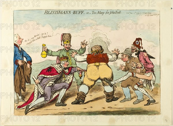 Blindman’s Buff or Too Many for John Bull, published June 12, 1795, James Gillray (English, 1756-1815), published by Hannah Humphrey (English, c. 1745-1818), England, Etching in dark brown, with handcoloring, on cream wove paper, 246 × 338 mm (image), 252 × 349 mm (plate), 288 × 392 mm (sheet)