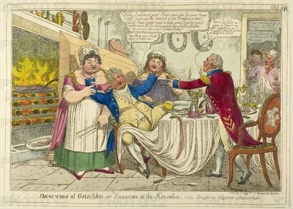 Beauties of Grease [altered to] Greece — or — Luxuries of the Kremlin. Vide Brighton Vagaries. A Kitchen Frolic., c. 1819, Isaac Robert Cruikshank (English, 1789-1856), published by Thomas Tegg (English, 1776-1845), England, Hand-colored etching on ivory wove paper, 240 × 335 mm