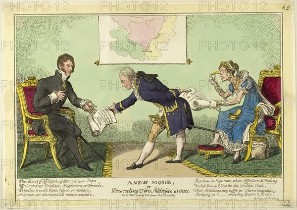 A New Mode of Presenting Two Addresses at Once, published February 1818, Charles WIlliams (English, active 1797-1830), published by S. W. Fores (English, active 1785-1825), England, Hand-colored etching on ivory laid paper, 250 × 356 mm