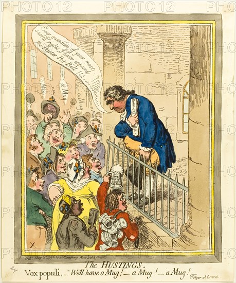 The Hustings, published May 21, 1796, James Gillray (English, 1756-1815), published by Hannah Humphrey (English, c. 1745-1818), England, Etching in dark brown, with handcoloring, on cream wove paper, 310 × 249 mm (image), 336 × 261 mm (plate), 336 × 279 mm (sheet)
