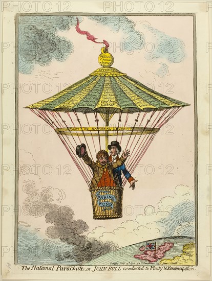 The National Parachute, published July 10, 1802, James Gillray (English, 1756-1815), published by Hannah Humphrey (English, c. 1745-1818), England, Hand-colored etching on paper, 337 × 240 mm (image), 352 × 250 mm (plate), 372 × 280 mm (sheet)
