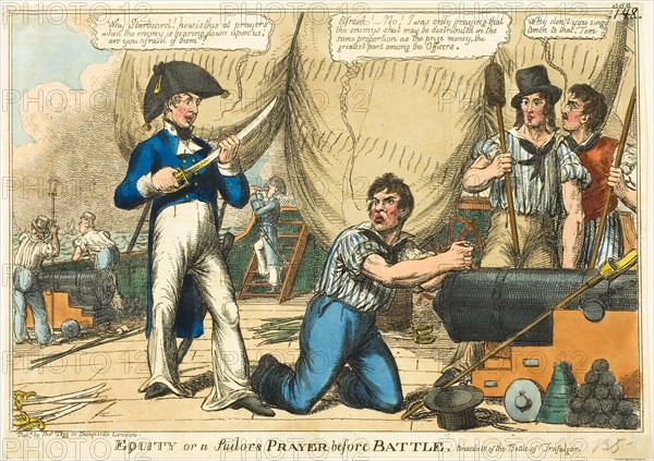 Equity, or a Sailor’s Prayer before Battle, 1805, Charles Williams (English, active 1797-1830), published by Thomas Tegg (English, 1776-1845), England, Hand-colored etching on ivory wove paper, 255 × 355 mm
