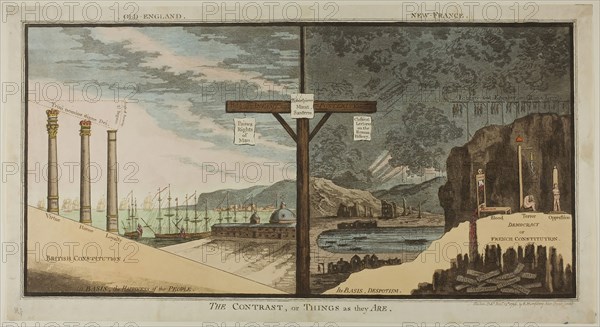 The Contrast or Things as they Are, published November 12, 1796, James Gillray (English, 1756-1815), published by Hannah Humphrey (English, c. 1745-1818), England, Hand-colored etching on paper, 290 × 583 mm (image), 315 × 590 mm (plate), 330 × 615 mm (sheet)