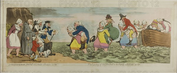 The Landing of Sir John Bull & His Family, at Boulogne sur mer, published May 31, 1792, James Gillray (English, 1756-1815), after Henry William Bunbury (English, 1750-1811), published by Hannah Humphrey (English, c. 1745-1818), England, Hand-colored etching and aquatint on paper, 225 × 655 mm (image), 255 × 680 mm (plate), 285 × 705 mm (sheet)