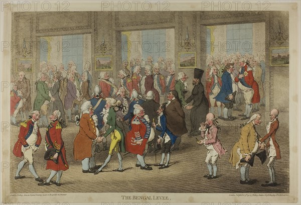 The Bengal Levee, published November 9, 1792, James Gillray (English, 1756-1815), published by Hannah Humphrey (English, c. 1745-1818), England, Hand-colored etching on paper, 395 × 608 mm (image), 425 × 625 mm (plate), 435 × 642 mm (sheet)
