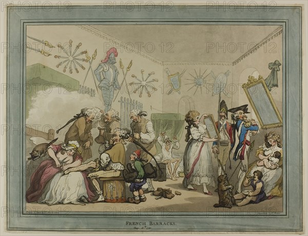 French Barracks, published August 12, 1791, Thomas Rowlandson, English, 1756-1827, England, Hand-colored etching on ivory wove paper, 385 × 470 mm