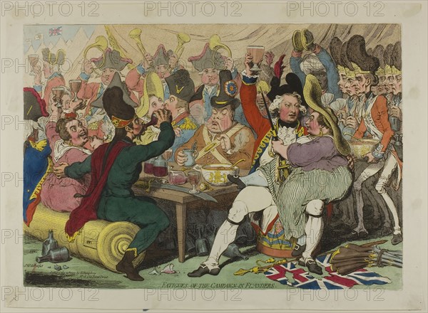 Fatigues of the Campaign in Flanders, published May 20, 1793, James Gillray (English, 1756-1815), published by Hannah Humphrey (English, c. 1745-1818), England, Hand-colored etching on paper, 345 × 492 mm (image), 351 × 498 mm (plate), 398 × 543 mm (sheet)