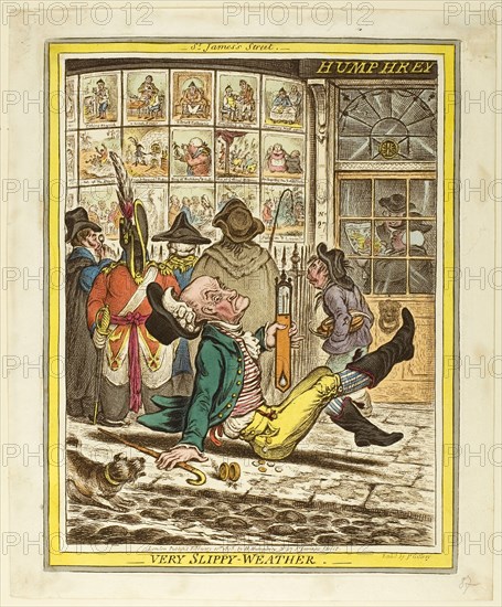 Very Slippery Weather, published February 10, 1808, James Gillray (English, 1756-1815), published by Hannah Humphrey (English, c. 1745-1818), England, Hand-colored etching on paper, 252 × 195 mm (image), 260 × 205 mm (plate), 283 × 235 mm (sheet)