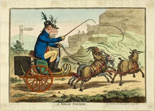 A Welch Tandem, published June 21, 1801, James Gillray (English, 1756-1815), published by Hannah Humphrey (English, c. 1745-1818), England, Hand-colored etching on paper, 245 × 350 mm (image), 256 × 355 mm (plate), 283 × 395 mm (sheet)