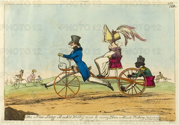 The New Long Back’d Hobby made to carry Three without Kicking, published June 19, 1819, Attributed to William Heath (English, 1794-1840), published by Thomas Tegg (English, 1776-1845), England, Hand-colored etching on ivory wove paper, 224 × 328 mm (image), 235 × 339 mm (sheet, trimmed within platemark)
